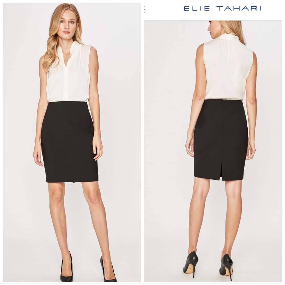 SK24 Elie Tahari Size 8 Black Pencil Linen Blend Lined
